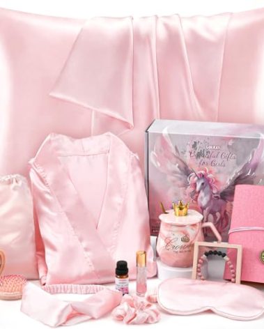 Golray Gifts for Teen Girls Kids -13 Pcs Teenage Girl Basket with Satin Pillowcase/Spa Robe/Journal/Mug, Christmas Birthday Gifts Set for Women Daughter Sister Tween Toy Age 10 11 12 14-18