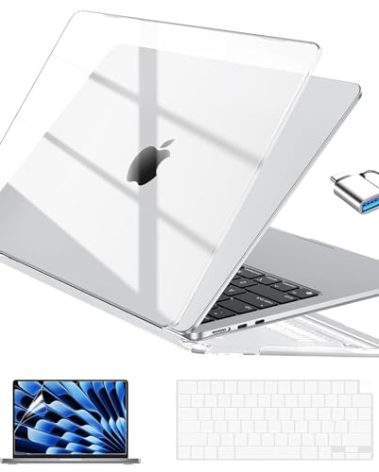 EooCoo Compatible with MacBook Air 13 inch Case 2025 2024-2022 M4 M3 M2 Model A3240 A3113 A2681, Mac Air 13.6 inch Transparent Hard Shell & Keyboard Cover & Screen Film & Type-C, Shiny Crystal Clear