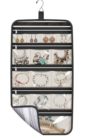 MISSLO Hanging Jewelry Organizer Travel Foldable Jewelry Roll Storage Case with 14 Cotton Zippered Pockets for Traveling, Closet, Suitcase