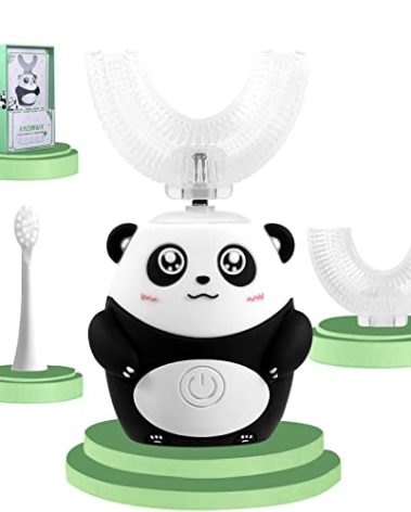 KAQINWX Kids U Shaped Electric Toothbrush for Age 2-12, Rechargeable Toddler Toothbrush with Smart Timer & 3 Clean Modes, Panda Design, IPX7 Waterproof, 3 Brush Heads & 360°Cleaning