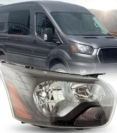 ALLIGATOR AUTO LIGHTS Headlight Assembly Compatible with Ford Transit 2014-2024, 150 250 350, DOT/SAE Compliant Halogen Headlamp with Bulbs, BLACK Housing, Right/Passenger Side