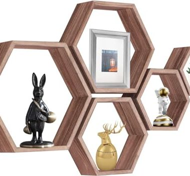 PHOENANCEE Hexagon Floating Shelves,Honeycomb Shelf Set of 5,Octagon Shelves Wall Mounted Hanging Storage Cube Wood for Bathroom Kitchen Bedroom Living Room Office Home