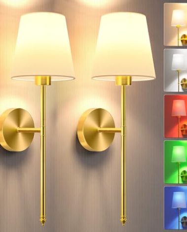 JOFIOS Battery Operated Wall Sconce Set of 2,Gold Wireless Wall Sconce with 5200mAh Dimmable Detachable Bulbs and Remote, 10 Colors Rechargeable Sconces Decor for Bedroom Living Room Hallway