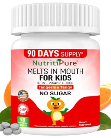 NutritiPure Kids Chewable Iron Supplement, Ferronyl® Carbonyl Iron 9 mg, Vitamin C 30 mg, Tangerine Tango Orange Flavor, 90 Count