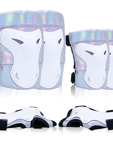 Bienbee Knee Pads for Women, Knee Pads Wrist Guard Knee and Elbow Pads Adult Protective Gear Set for Skateboard, Roller Skating, for Women Men Youth Adult Kids,Laser Silver L