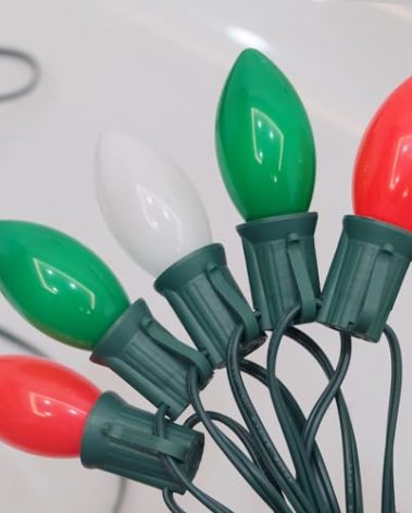 25Ft Vintage Christmas Lights C9 LED Red Green and White Outdoor String Lights with 26 C9 Bulbs (1 Spare), Commercial Outdoor Christmas Lights for Holiday Wedding Party Garden Home Decor, Green Wire