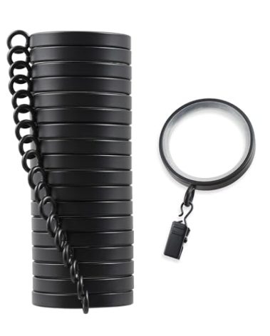 MODE Cambria Designer Series - Premium Easy Glide 18 Count Curtain Rings - Metal with Smooth, Quiet Nylon Inserts with Clips - 2 inch Diameter (1-5/8 inch Inside Diameter) - Satin Black Finish