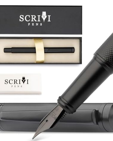 SCRIVI PENS Luxury Fountain Pen Set-[Black] Fountain Pens for Writing - Smooth Medium Nib - Includes Refillable Ink Converter, 5 Ink Cartridges [Black & Blue], Gift Box - Elegant Calligraphy