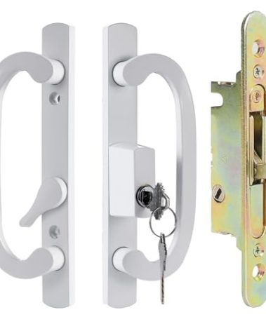 MaxxGeek Keyed Sliding Patio Door Handle Set with Mortise Lock, Zinc Diecast, Offset Thumbturn, Fits 1-5/8" to 1-3/4" Door Thick, 3-15/16" Hole Spacing, Non-Handed, White