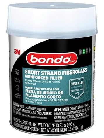 3M Bondo Short Strand Fiberglass Reinforced Filler 1.37 LB (621 g) with Bondo Cream Hardener 0.5 oz (14g), Repair Holes Up To 0.5 IN, Waterproof (SS-PT-ES)