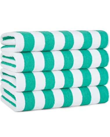 Arkwright California Cabana Stripe Beach Towel - Pack of 4, Large Soft Quick Dry Cotton Terry Towels Set for Pool, Swim, and Hot Tub, Oversized 30 x 70 in, Green