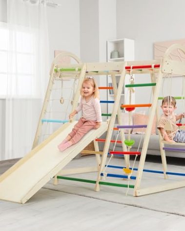 HOMMOW 9 in 1 Indoor Jungle Gym, Indoor Playground Climber Playset, Climbing Toys for Kids with Swing, Slide, Rope Ladder and Climbing Rocks, Indoor Playset for Boys and Girls, Colorful