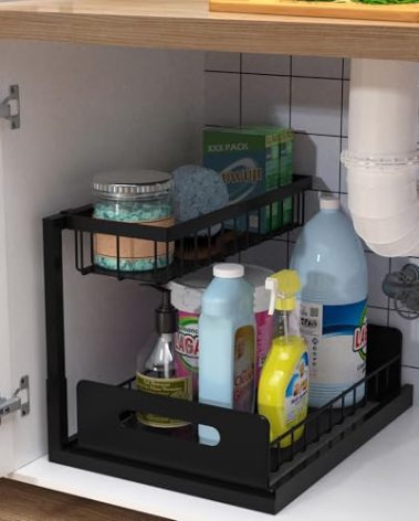 bukfen Under Sink Organizer, Pull Out Cabinet Organizer 2-Tier Slide Out Sliding Shelf Under Cabinet Storage Multi-Use for Under Kitchen Bathroom Sink Organizers and Storage