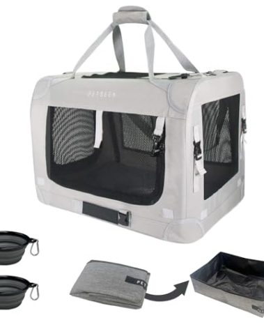 Petseek Extra Extra Large Cat Carrier Soft Sided, Portable Small Dog Carrier for 2 Cats, 24"x16.5"x16" Car Travel Folding Comfortable Design with Litter Box and Bowls, Grey+ Litter Box+ Bowl*2