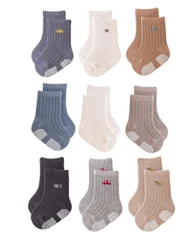 J Poqobog Baby Crew Socks,Grips Combed Cotton Socks Toddler Non-Skid for Girls,Boys Non Slip/Anti Skid 9-Pack (3-12 Months, Boys - 9 Pairs)