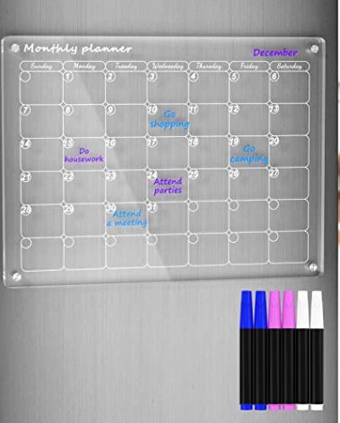 AITEE Acrylic Magnetic Dry Erase Board Calendar for Fridge, 16"x12" Inches Clear Monthly Planner for Refrigerator Includes 6 Dry Erase Markers with 3 Colors