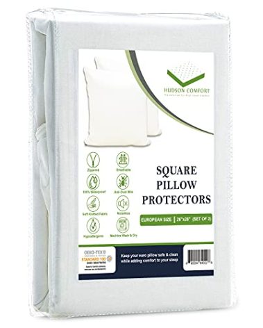 Hudson Comfort Euro 26x26 Pillow Protector - 100% Waterproof, Prevents Feathers from Popping, European Square Zippered Pillow Covers (2 Pack, 26x26 Inch)
