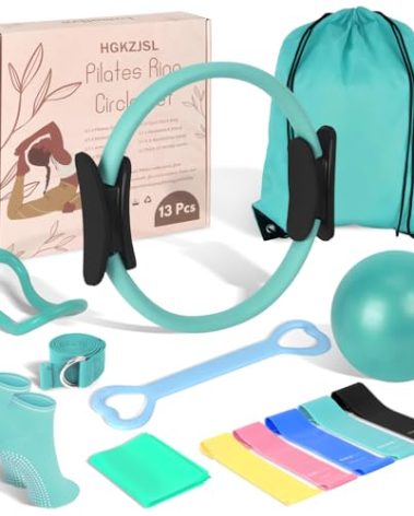Home Pilates kit for Women with 5 Resistance Bands, Pilates Magic Circle Ring and Ball Set Accessories, Home Workout Equipment Essentials Starter Kit for Beginners, Full Body Toning Flexibility