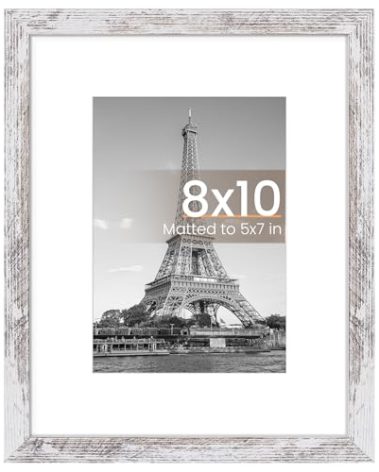 upsimples 8x10 Picture Frame, Display Pictures 5x7 with Mat or 8 x 10 Without, Wall Hanging Photo Frames, Rustic White, 1 Pack