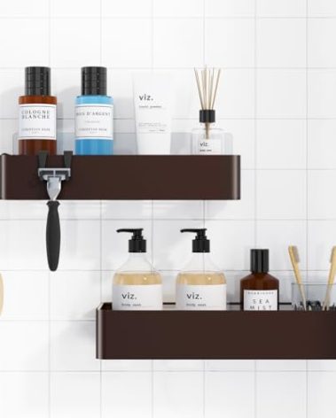 Kitsure Shower Caddy - 2 Pack Adhesive Shower Organizer, Rustproof Metal Shelves, No-Drill Bathroom Organizers and Storage, Brown, Large