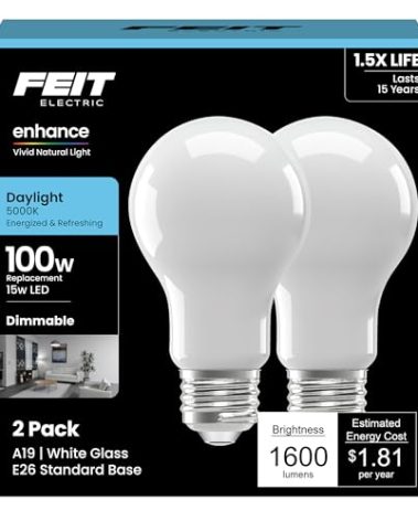 Feit Electric A19 LED Light Bulbs, 100W Equivalent, Dimmable, E26 Standard Base, 90 CRI, 1600 Lumens, 5000K Daylight, General Purpose Light Bulbs, 17,000-Hour Lifetime, A100/950CA/FIL/2, 2 Pack