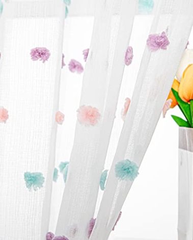 MYSKY HOME Small Curtains for Kitchen Windows Rainbow Pom Pom Curtains for Bedroom Light Filtering White Sheer Curtains for Nursery Cafe Bathroom Privacy Rod Pocket Voile 52 x 45 inch 2 Panels
