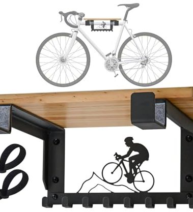 wisnew Bike Rack Wall Mount with Shelf and 8 Hooks Offer Horizontal Indoor Bike Storage for Sheds Garages. Wooden Bike Rack Bracket for Road, Mountain, Travel Bicycles, Maximizing Space