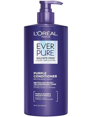 L’Oreal Paris Sulfate Free Brass Toning Purple Conditioner for Blonde, Bleached, Silver, or Brown Highlighted Hair, EverPure, 23 Fl Oz (Packaging May Vary)