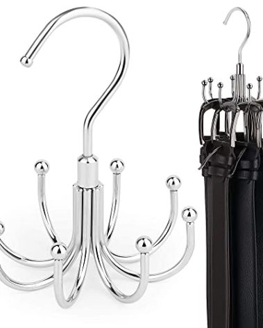 ZEDODIER Belt Hanger, 4 Pack Rotatable Belt Rack Closet Accessories Organizer, Maximum 24 Storage Capacity, Hanging Holder Storage Hook for Belt, Bra, Tank Top, Tie, Scarf, Purse, Silver
