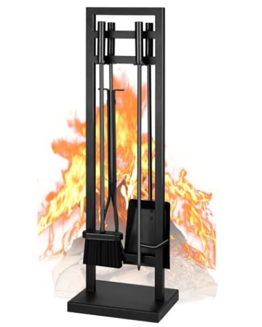 FEED GARDEN Fireplace Tools Set 5 Pieces, 30 Inch Modern Wrought Iron Outdoor Fireplace Accessories Set Long Holder Indoor with Poker, Tongs, Shovel, Brush, Base Black
