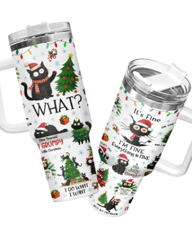 34HD Tuxedo Cat Tumbler 40oz Stainless Steel with Handle and Straw, It's Fine I'm Fine Mug, Funny Cat Travel Mug, Mothers Day Gifts for Tuxedo Mom
