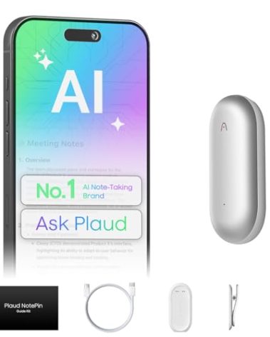 Plaud NotePin Voice Recorder, AI Voice Recorder, App Control, AI Notetaker, AI Transcribe & Summarize, Support 112 Languages, 64GB Memory, Audio Recorder for Lectures, Meetings, Lunar Silver