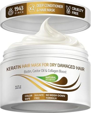 VITAMINS hair cosmetics Keratin Hair Mask - Protein Repair Keratin Treatment - Deep Conditioner for Dry, Damaged, Curly, Straight & Frizzy Hair with Biotin, Collagen & Castor Oil - 8.5 Fl Oz