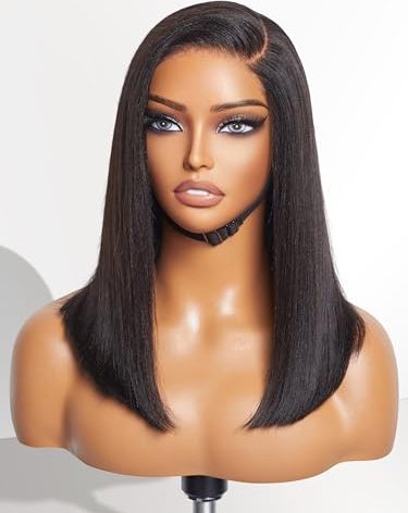 LUVME HAIR 14 Inch Light Yaki Straight Bob Wig Human Hair, Undetectable HD Lace Glueless Bob Wigs Human Hair Pre Plucked, Pre Cut Lace Wig Short Black Blunt Cut Bob Wigs 180 Density