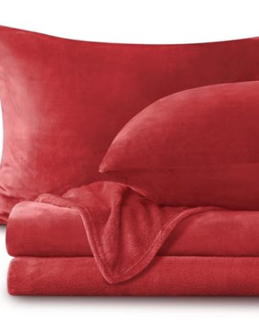 BEDELITE Flannel Sheets Queen Size Red - Super Soft Fleece Sheets Set Fluffy Extra Plush, 4 Piece(Include Fitted Sheet, Flat Sheet, 2 Pillowcases)