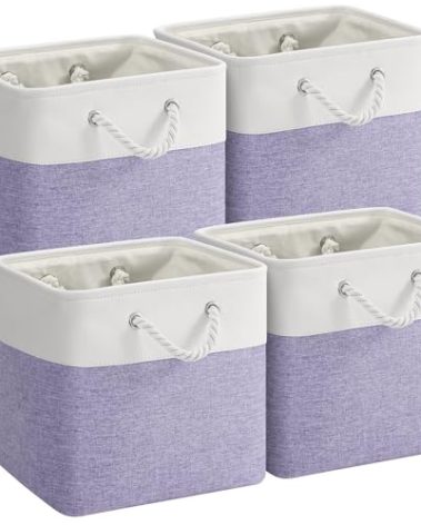 VQRTEXA 12 x 12 Inch Cube Storage Bins,4 Pack Fabric Storage Basket with Handles,Foldable Boxes Organizer for Shelf Baskets for Home,Clothes(White/Purple)