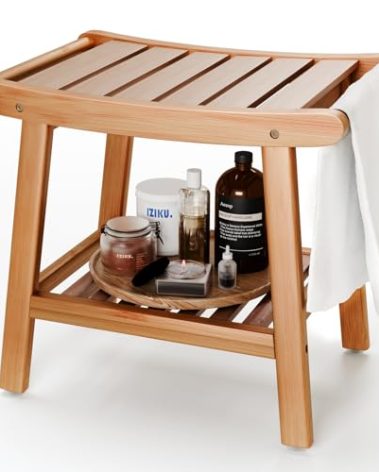 Bamboo Shower Bench for Inside Shower to Sit on,Waterproof Shower Stool for Shaving Legs,Spa Bathroom Shower Chair with Storage Shelf, Bathroom Bench Seat for Senior Adult Disabled Elderly