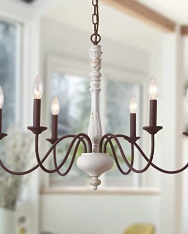 French Country Chandelier,6-Light Farmhouse Chandelier Vintage Candle dining room lighting fixture brown white Antique Industrial Chandeliers for Living Room Kitchen Island Foyer Bedroom Lighting
