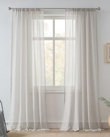FMFUNCTEX Linen Sheer Curtains for Bedroom, Grey Curtains 63 Inch Length for Living Room, Gray Farmhouse French Flax Blend Window Draperies, Rod Pocket 2 Panels Set
