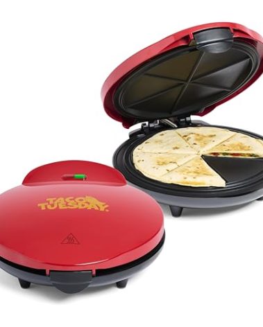 Taco Tuesday Deluxe 10-inch 6-Wedge Electric Quesadilla Maker with Extra Stuffing Latch, Red