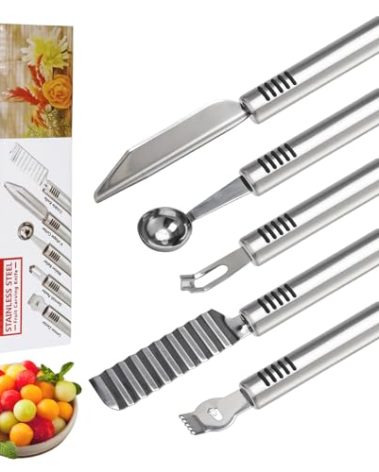 BURLIHOME Stainless Steel Fruit Carving Knife Set, 5 Pack Vegetable Engraving Blades for Kitchen, Melon Baller Scoop,Lemon Zester, Garnish Peeler,Crinkle Knife,V-shape Cutter