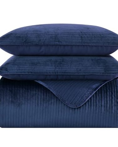 Elegant Comfort Luxury 3-Piece Velvet Corduroy Stripe Quilt Set, Ultra Soft Bedspread - Cozy Velvet Coverlet Set - 3PC Medium Weight Quilted Set with Matching Pillow Shams, King, Navy Blue