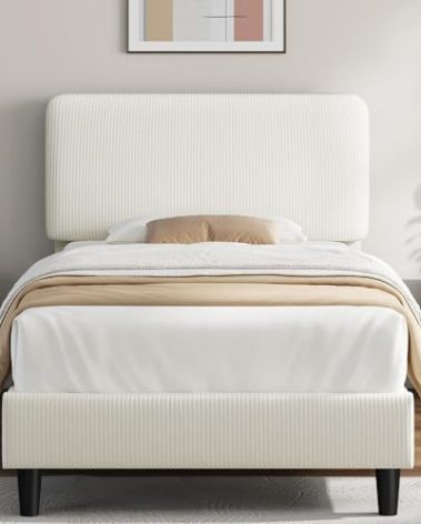 Yaheetech Twin Bed Frames with Adjustable Headboard, Chenille Fabric Upholstered Headboard/Platform Bed, Twin Size Bed Frame No Box Spring Needed/Mattress Foundation/Wood Slats Support/Easy Assembly