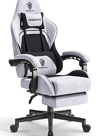 Dowinx Gaming Chair Fabric with Pocket Spring Cushion, Massage Game Chair Cloth with Headrest, Ergonomic Computer Chair with Footrest 290LBS, Black and Grey