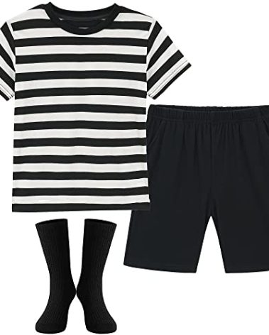 HMPRT Halloween Costumes for Boys- Black and White Striped Shirt, Black Short and Tube Socks,4