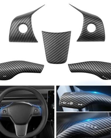 Steering Wheel Trim and Gear Shift Cover Compatible with 2019-2024 Tesla Model Y 2021-2023 Tesla Model 3, Carbon Fiber Steering Wheel Panel Trim with Steering Lever Cover (5pcs/Set, ABS Matte Carbon)