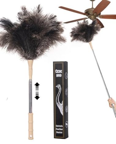 Extendable Ostrich Feather Duster, Natural Ostrich Feathers Long Handle Duster for Cleaning, 47” Soft & Fluffy Feather Duster for High Ceilings, Fans, Walls, Furniture, Home Dusting