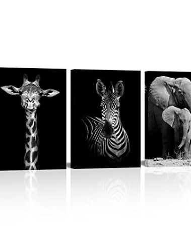 Visual Art Decor Black and White African Wildlife Canvas Wall Art Animal Zebra Giraffe Elephant Portrait Picture Poster Artwork for Home Living Room Bedroom Room Kids Room Office Wall Decoration Ready to Hang