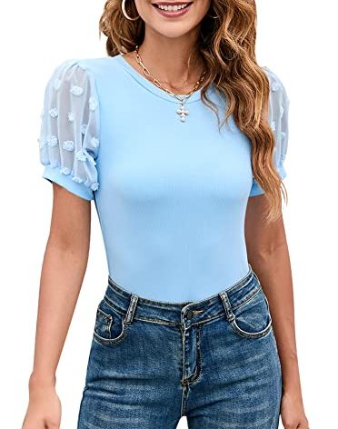 Womens Round Neck Swiss Dots Sheer Mesh Puff Sleeve Rib Bodysuit Casual Slim Fitting Knit Jumpsuit Tee Tops Sky-Blue Medium