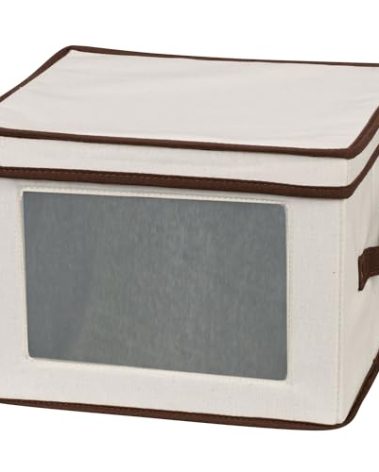 Household Essentials 536 Dinnerware Storage Box with Lid and Handles | Storage Bin for Dinner Plates | Natural Canvas with Brown Trim